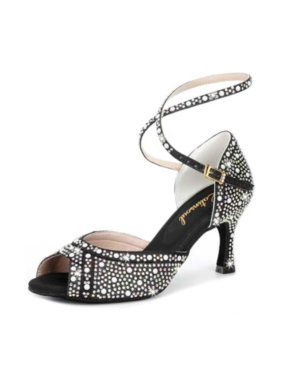 Open Toe Latin Dance Heels Crystal Block Heel Ballroom Shoes for Dance Practice